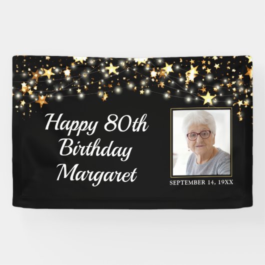 80thまたは任意の誕生日フォト金ゴールドあなたの色を星 横断幕 (横)