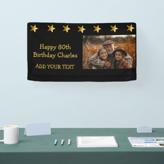 80thまたは任意の誕生日フォト金ゴールドスターカスタムズ 横断幕 (トレードショー)