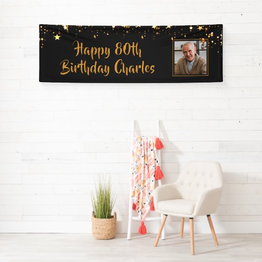 80thまたは任意の誕生日フォト金ゴールド星カスタム色 横断幕 (インサイチュ)