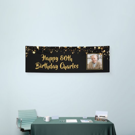 80thまたは任意の誕生日フォト金ゴールド星カスタム色 横断幕 (トレードショー)