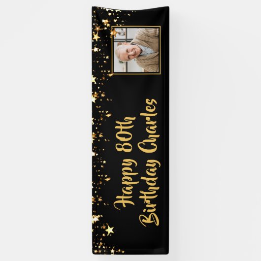 80thまたは任意の誕生日フォト金ゴールド星カスタム色 横断幕 (縦)