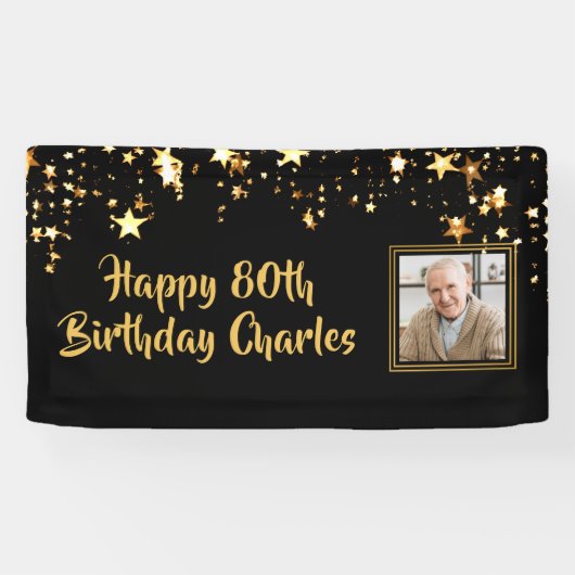 80thまたは任意の誕生日フォト金ゴールド星カスタム色 横断幕 (横)