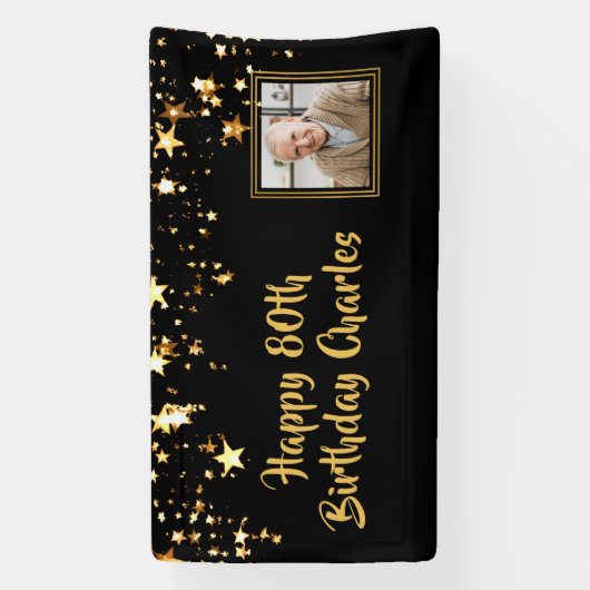 80thまたは任意の誕生日フォト金ゴールド星カスタム色 横断幕 (縦)