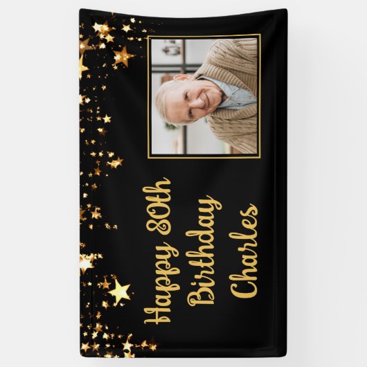 80thまたは任意の誕生日フォト金ゴールド星カスタム色 横断幕 (縦)