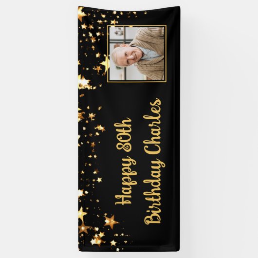 80thまたは任意の誕生日フォト金ゴールド星カスタム色 横断幕 (縦)