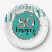 80thアメージング誕生日パーティーティール(緑がかった色)バラ金ゴールド エレガント ペーパープレート (正面)