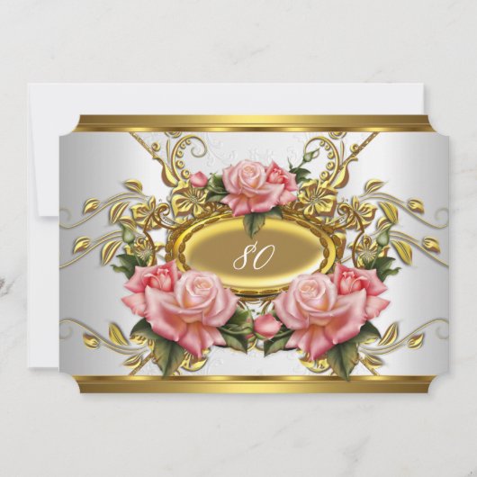 80thエレガントバースデーパーティーピンク金ゴールドバラホワイト 招待状 (正面)
