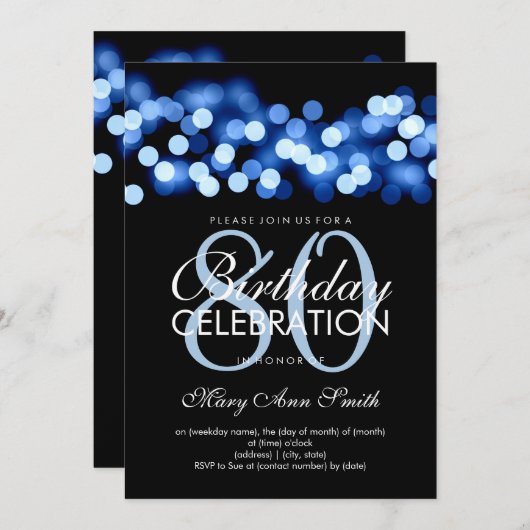80thエレガントバースデーパーティーブルーハリウッドグラム 招待状 (正面/裏面)