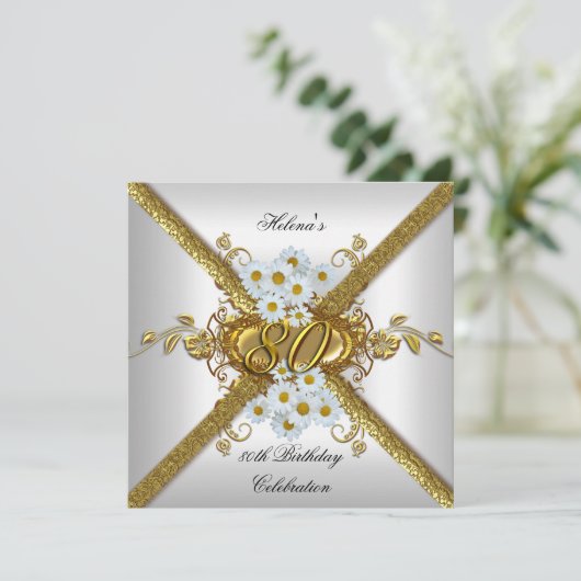 80thエレガントバースデーパーティーホワイトデイジー金ゴールド 招待状 (スタンド正面)