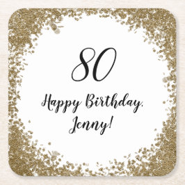 80thエレガントマイルストーンバースデーパーティブラック金ゴールド スクエアペーパーコースター