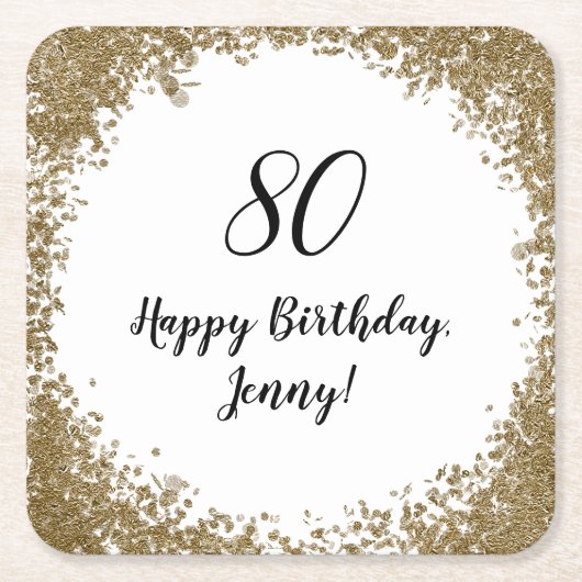80thエレガントマイルストーンバースデーパーティブラック金ゴールド スクエアペーパーコースター (正面)