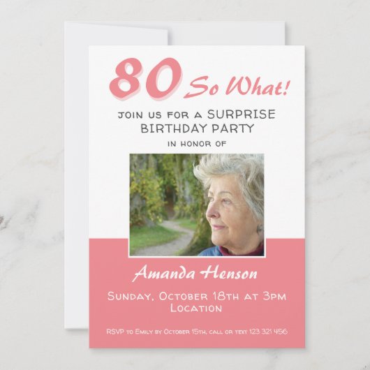 80thサプライズ誕生日パーティフォト招待状カード (正面)