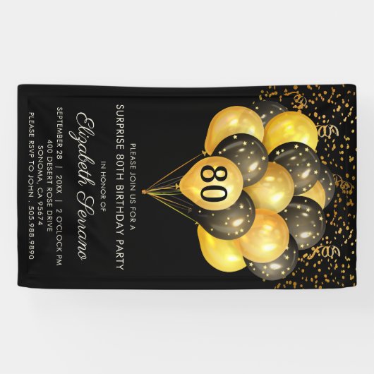 80thサプライズ誕生日ブラック金ゴールドグリッターバナー 横断幕 (横)