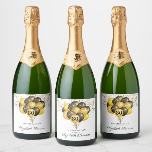 80thサプライズ誕生日ブラック金ゴールドグリッター スパークリングワインラベル (ボトル)