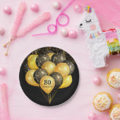 80thサプライズ誕生日ブラック金ゴールドグリッター ペーパープレート (パーティー)