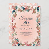 80thサプライズ誕生日女性ピンクティール（緑がかった色）フローラ 招待状 (正面/裏面)
