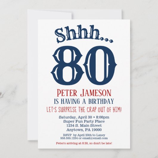 80thサプライズ誕生日招待状メンズネイビーブルー 招待状 (正面)