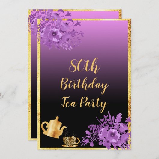 80thバースデーティーパーティの招待状ブラックパープル 招待状 (正面/裏面)