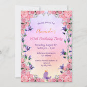 80thバースデーティーパーティーピンク紫の花模様かわいい 招待状 (正面)