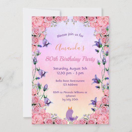 80thバースデーティーパーティーピンク紫の花模様かわいい 招待状 (正面)
