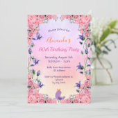 80thバースデーティーパーティーピンク紫の花模様かわいい 招待状 (スタンド正面)