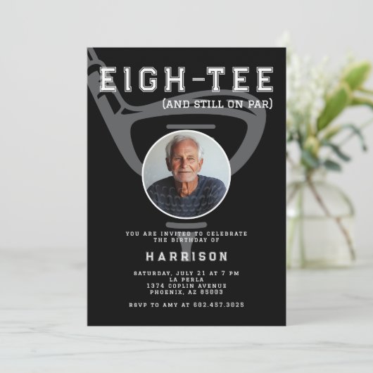 80thバースデーパーティフォトゴモダンルフブラック 招待状 (スタンド正面)
