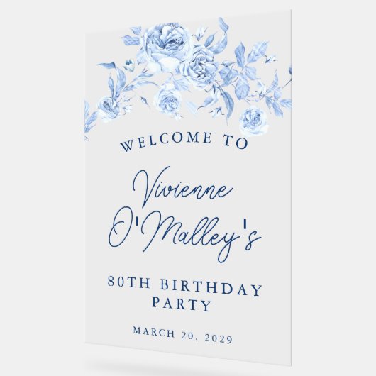 80thバースデーパーティーウェルカムブルーバラフローラ アクリルサイン (傾斜)
