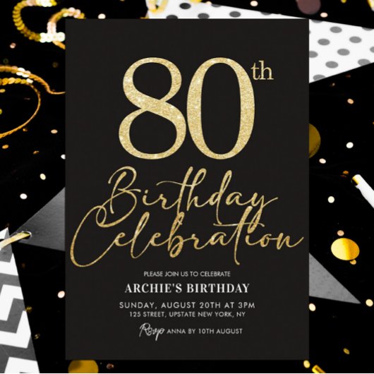 80thバースデーパーティーエレガントブラック&金ゴールドグリッター 招待状