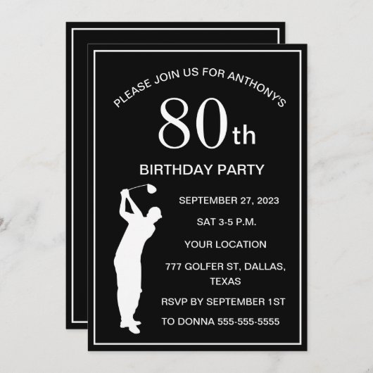 80thバースデーパーティーゴルファー黒パー大人ゴルフ 招待状 (正面/裏面)