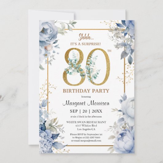 80thバースデーパーティーダスティーエレガントブルーフローラ 招待状 (正面)