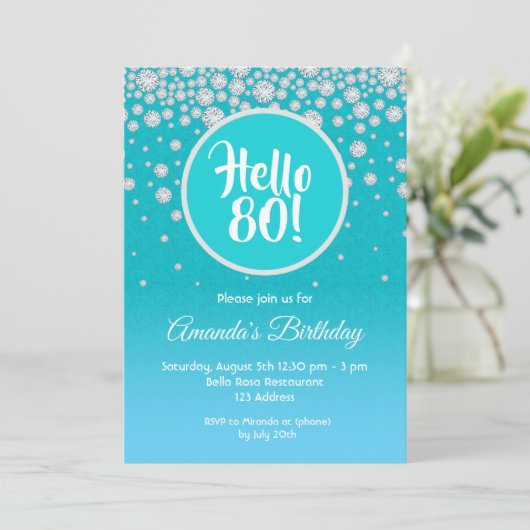 80thバースデーパーティーティール(緑がかった色)ブルーダイヤモンドグリッター 招待状 (スタンド正面)