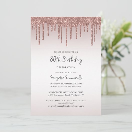 80thバースデーパーティーバラ金ゴールドグリッタードリップ 招待状 (スタンド正面)