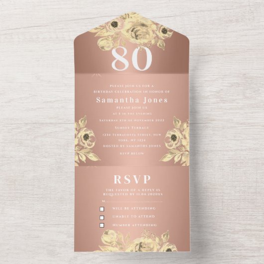 80thバースデーパーティーバラ金ゴールドシはっきりしたックモダン オールインワン招待状 (内側)