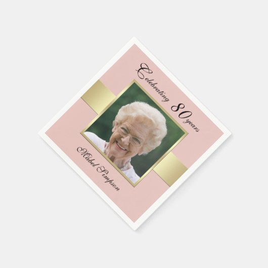 80thバースデーパーティーバラ金ゴールドフォトナプキンス スタンダードカクテルナプキン (角)