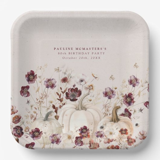 80thバースデーパーティーパンプキンワイルドフラワーカスタム ペーパープレート (正面)