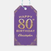80thバースデーパーティーパープルと金ゴールドグリッターフレーム ギフトタグ (正面)