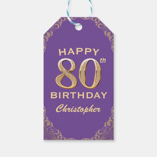 80thバースデーパーティーパープルと金ゴールドグリッターフレーム ギフトタグ (正面)
