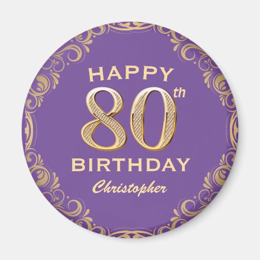 80thバースデーパーティーパープルと金ゴールドグリッターフレーム マグネット (正面)