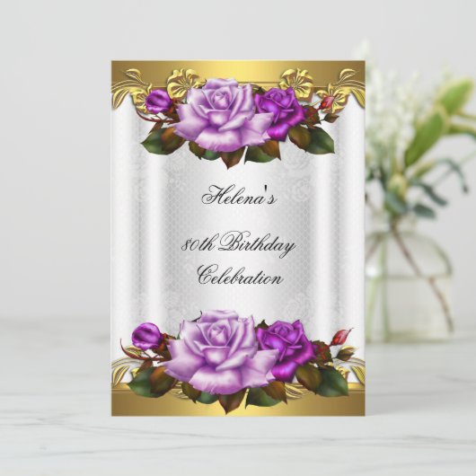 80thバースデーパーティーパープルエレガント金ゴールドバラレース 招待状 (スタンド正面)