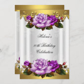 80thバースデーパーティーパープルエレガント金ゴールドバラレース 招待状 (正面/裏面)