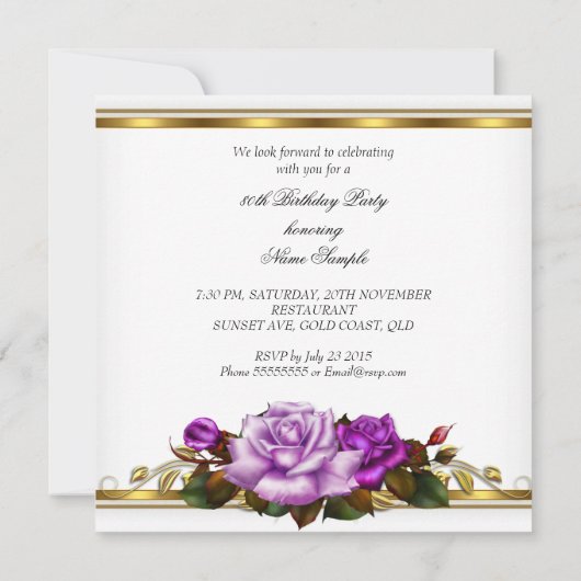 80thバースデーパーティーパープルエレガント金ゴールドバラB 招待状 (裏面)