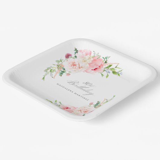 80thバースデーパーティーピンクフローラカスタム ペーパープレート (傾斜あり)