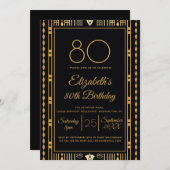 80thバースデーパーティーブラックエレガント金ゴールドカスタマイズ 招待状 (正面/裏面)