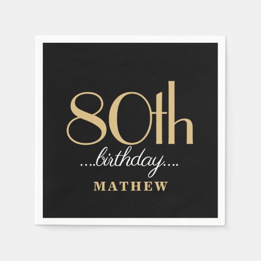 80thバースデーパーティーブラック金ゴールド スタンダードカクテルナプキン (正面)