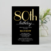 80thバースデーパーティーブラック金ゴールド 箔招待状 (立ち正面)