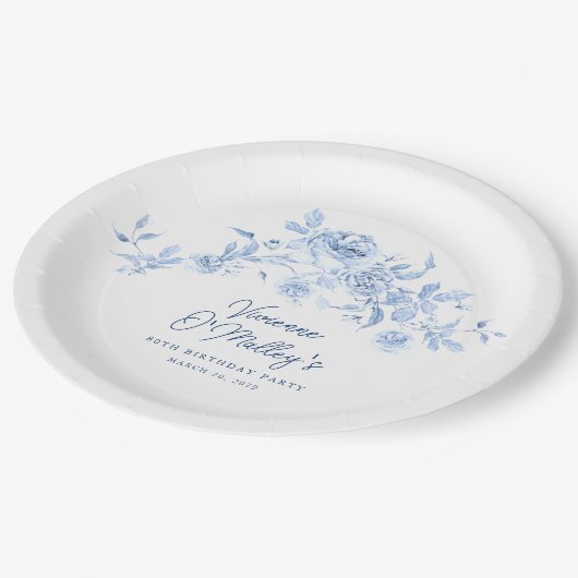 80thバースデーパーティーブルーバラカスタムフローラ ペーパープレート (アングル)