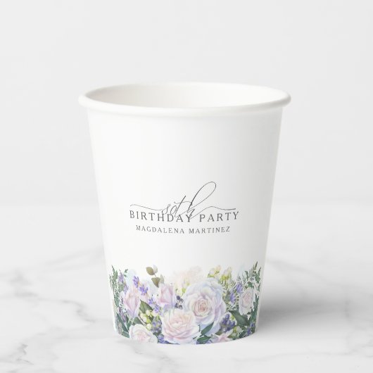 80thバースデーパーティーブルーホワイトフローラカスタム 紙コップ (正面)