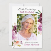 80thバースデーパーティープラムパープル赤面フローラ写真 招待状 (正面)