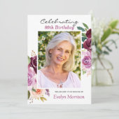 80thバースデーパーティープラムパープル赤面フローラ写真 招待状 (スタンド正面)