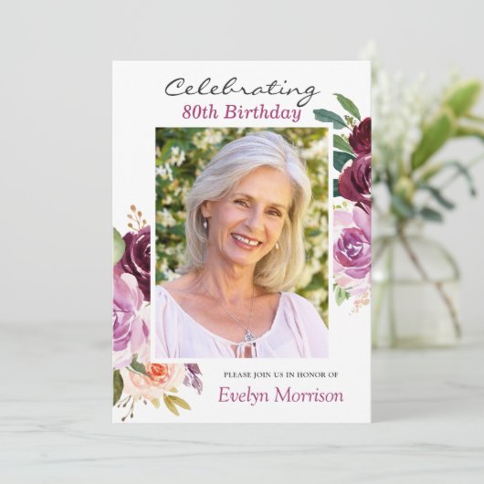 80thバースデーパーティープラムパープル赤面フローラ写真 招待状 (スタンド正面)